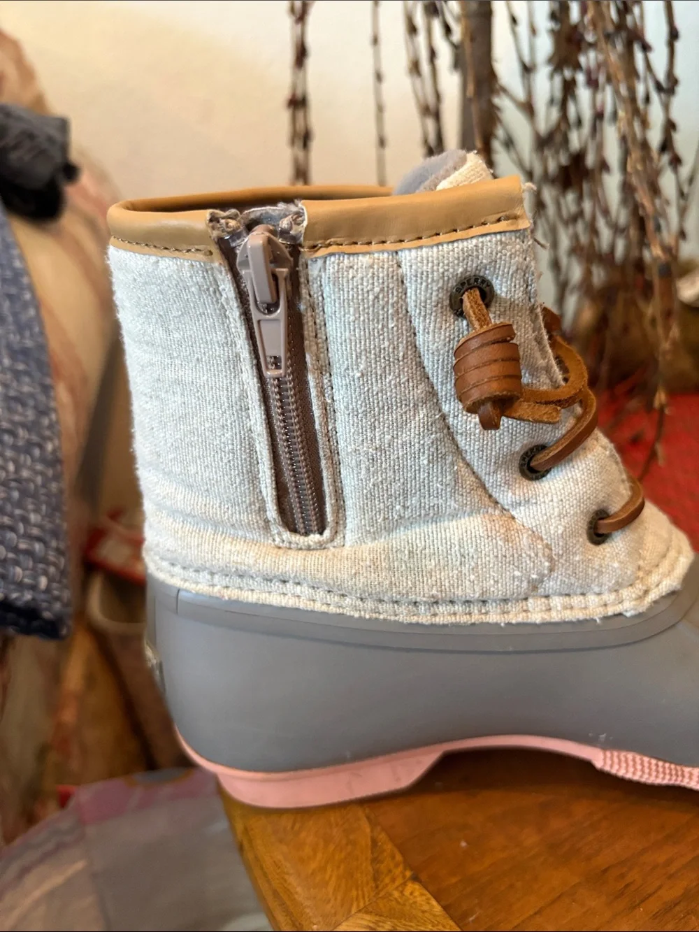 Sperry  Gray Duck Boots with Cream Textile Upper
